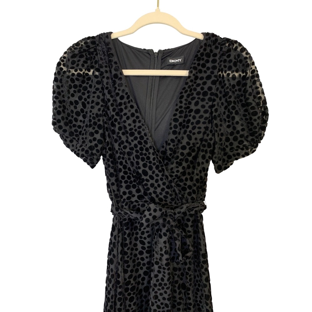DKNY Black Velvet Polka Dot Midi‎ Dress Puff Sleeve Wrap Belted Career Size S